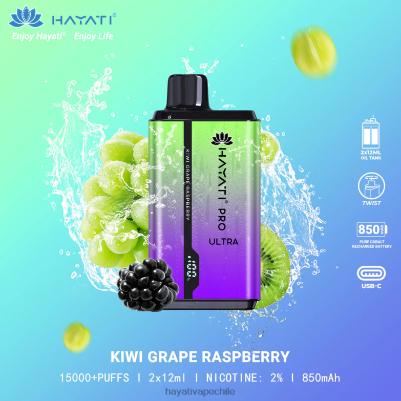 Hayati Pro Ultra desechables 15000 inhalaciones frambuesa uva kiwi 8404L202 Hayati Santiago