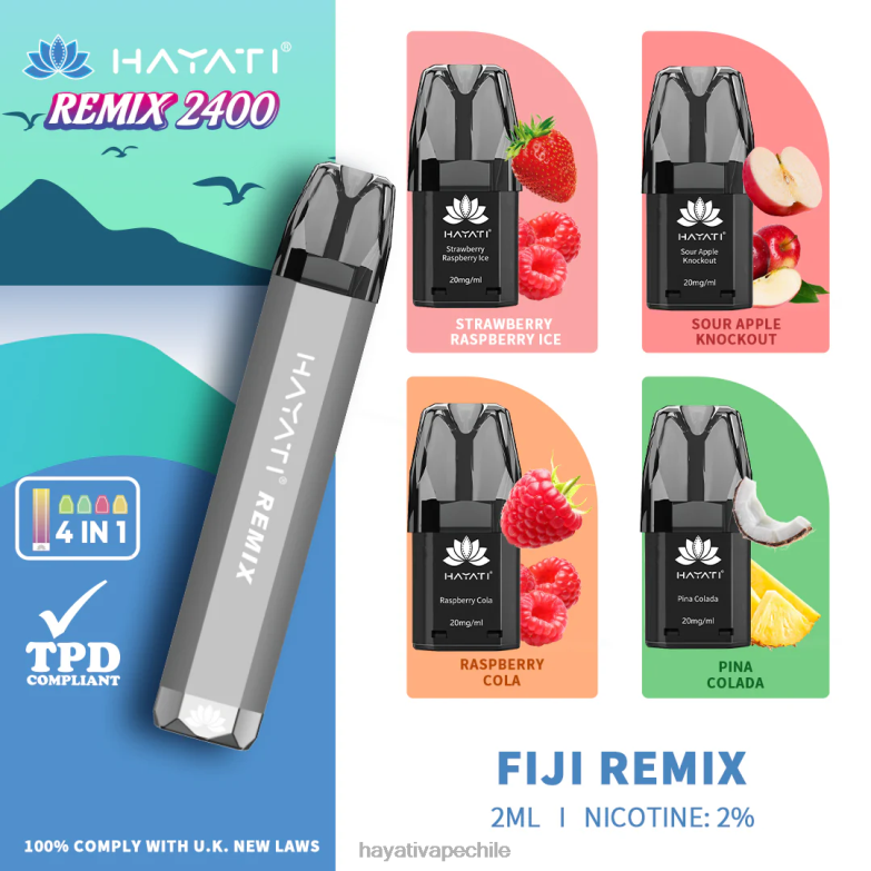 Hayati Remix sistema de cápsulas precargadas 2400 inhalaciones remezcla de fiyi 8404L53 Hayati Vape Chile