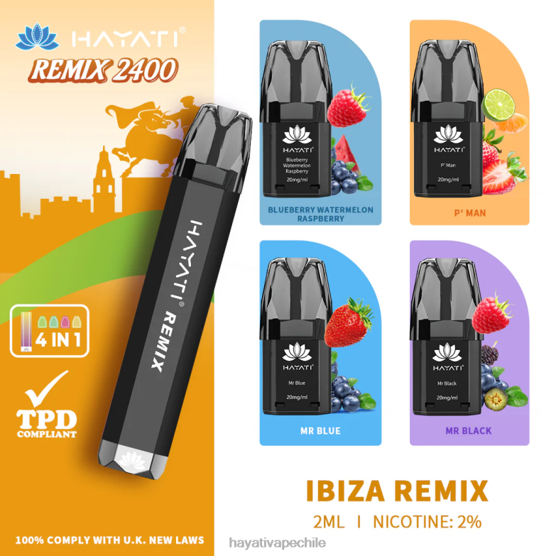 Hayati Remix sistema de cápsulas precargadas 2400 inhalaciones remezcla de ibiza 8404L55 Hayati Vape Liquid