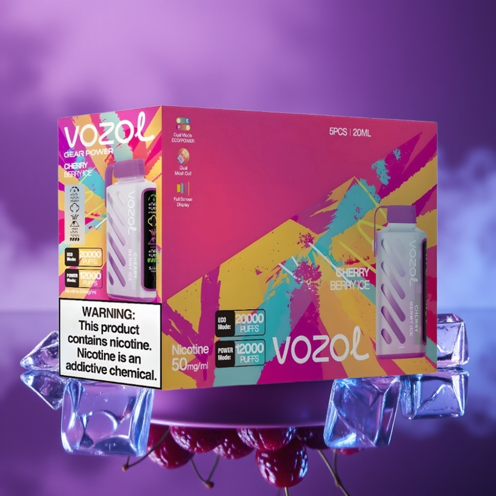 VOZOL Gear Power 20000 Puffs Desechable Cereza Baya Hielo Pantalla Completa Dual Mesh Coil S.i.L.C. Tech 20mL 5%