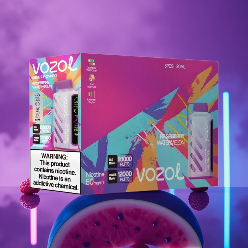 VOZOL Gear Power 20000 Puffs Dispositivo Vape Frambuesa Sandía Pantalla Completa Dual Mesh Coil S.i.L.C. Tech 20mL 5%